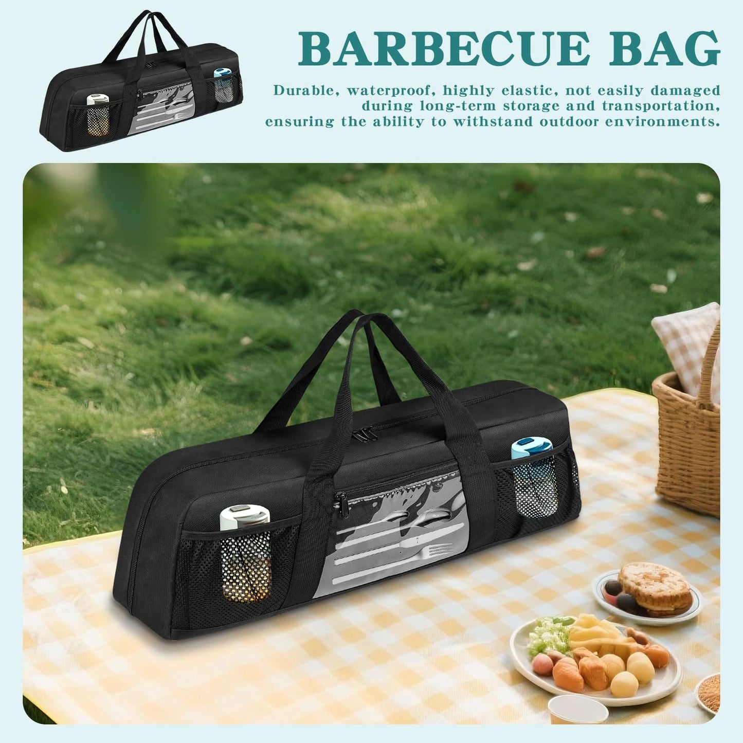 BOHEMIABY Grill Utensil Storage Bag, Large BBQ Tool Organizer Holder Caddy Case with Pockets, Fits up to 20" Tools, for Outdoor Grilling, Camping, Picnic, Barbecue Accessories (Bag Only, Black)