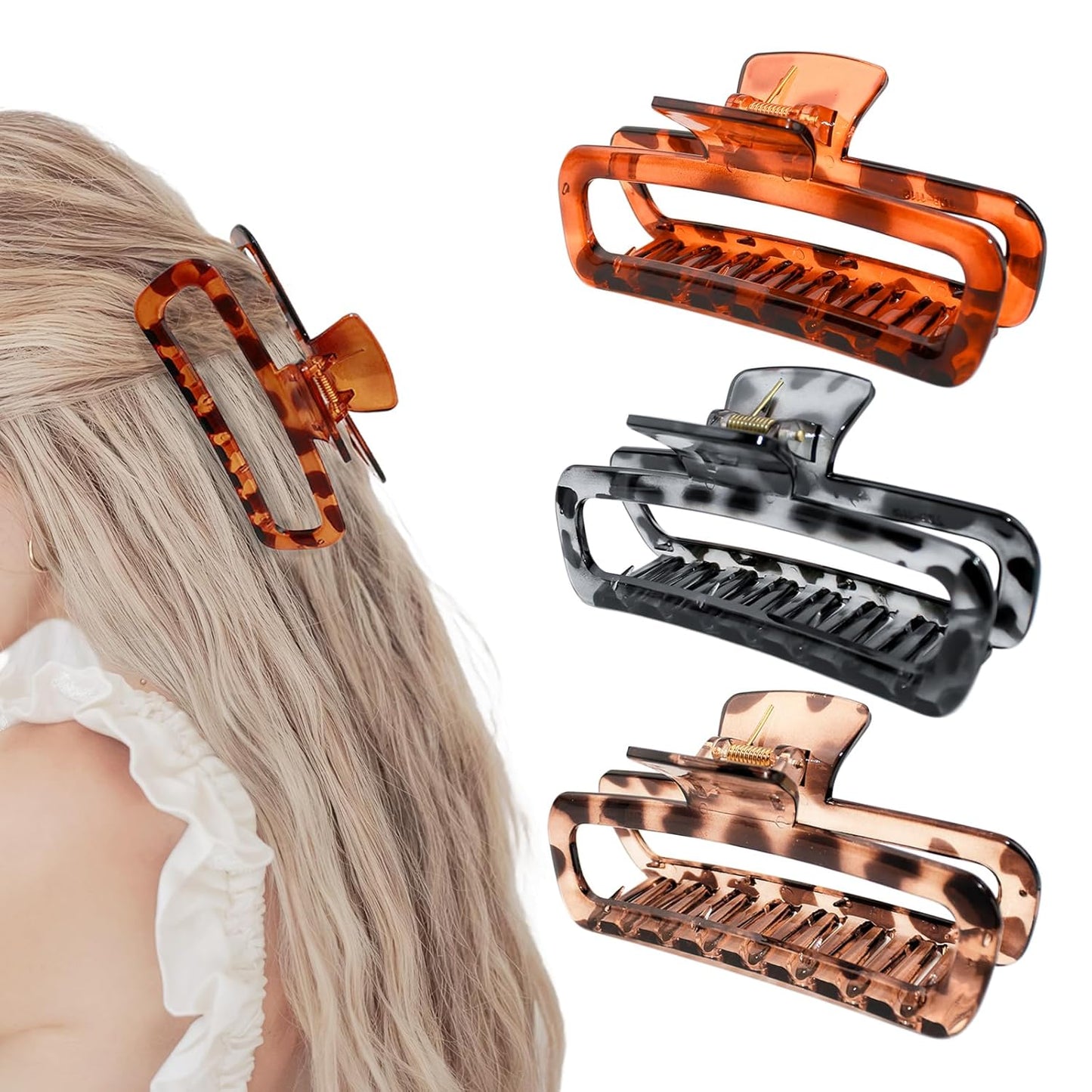 Large Hair Claw Clips - Unbreakable Glossy Rectangle Jaw Clips for Thick & Curly Hair | 5.1 Inch XL - 3 Pack