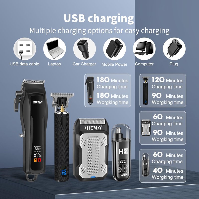 HIENA PRO Cordless Hair Clippers for Men, Professional Barber Kit - Beard Trimmer, Aluminum Foil Shaver, Nose Trimmer, 10 Limit Combs - Fast Charge, Smart LED Display (Clippers/Trimmer)