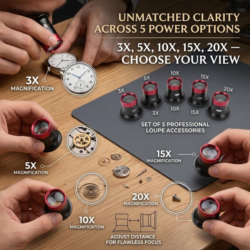 Watch Repair Loupe 5pcs Watchmaker Magnifying Glass Lens, Lightweight Solid Aluminum Alloy Eye Magnifier Loupe Repair Watch Magnifying Glass, Antiques Jewelry Watch Loop Magnifier