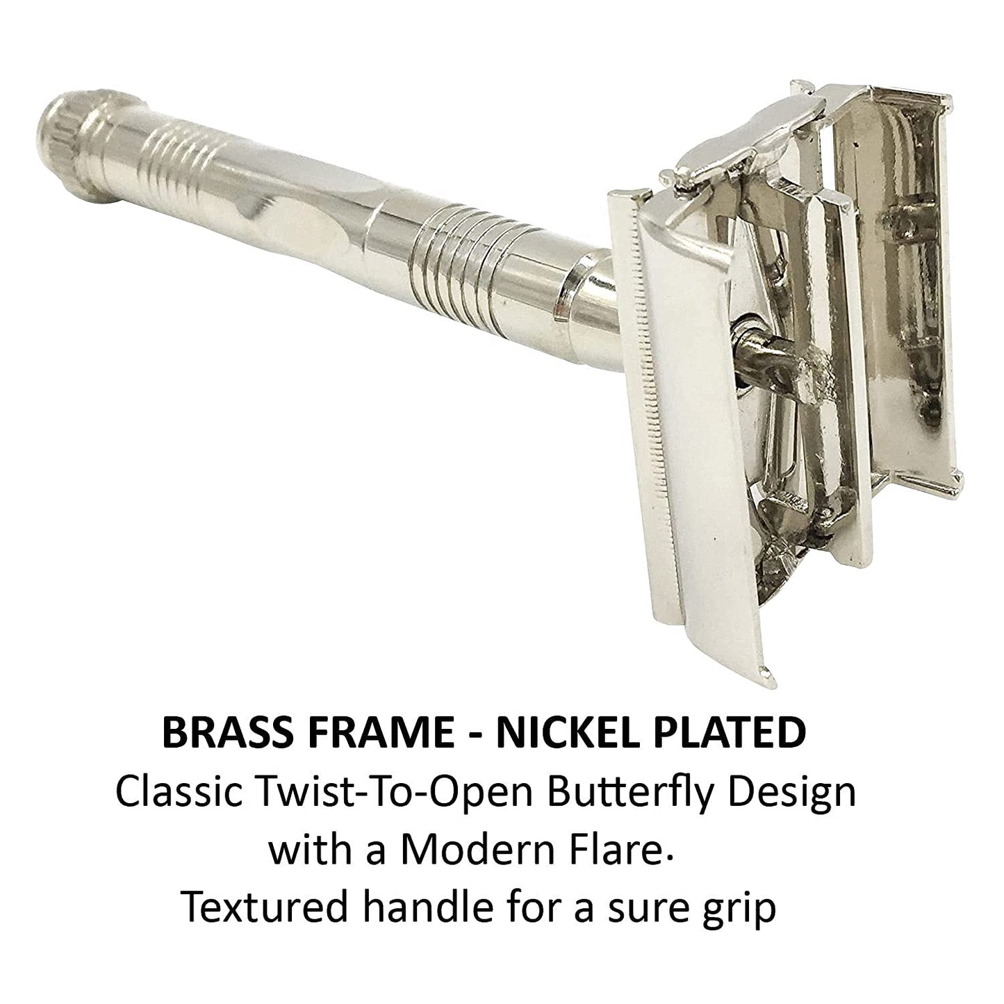 Parker, 90R Nickel Plated Long Handle Butterfly Open Double Edge Safety Razor for Men, 5 Parker Premium Platinum Double Edge Razor Blades Included