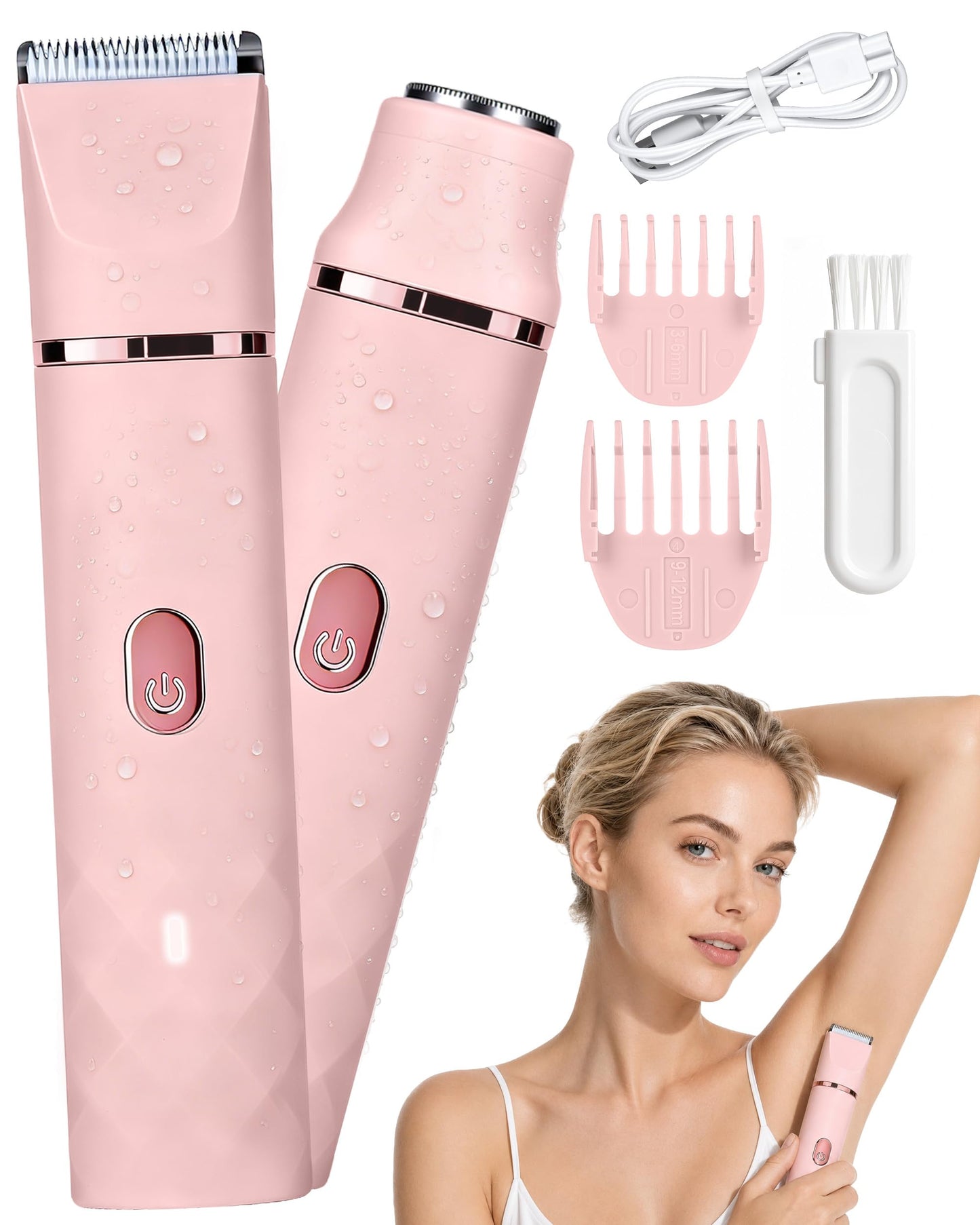 Bikini Trimmer for Women, 2-in-1 Electric Razor for Pubic Hair, Waterproof Wet Dry Body Shaver with Gentle Ceramic Blade, Rechargeable Portable Grooming Tool for Sensitive Areas, Pink