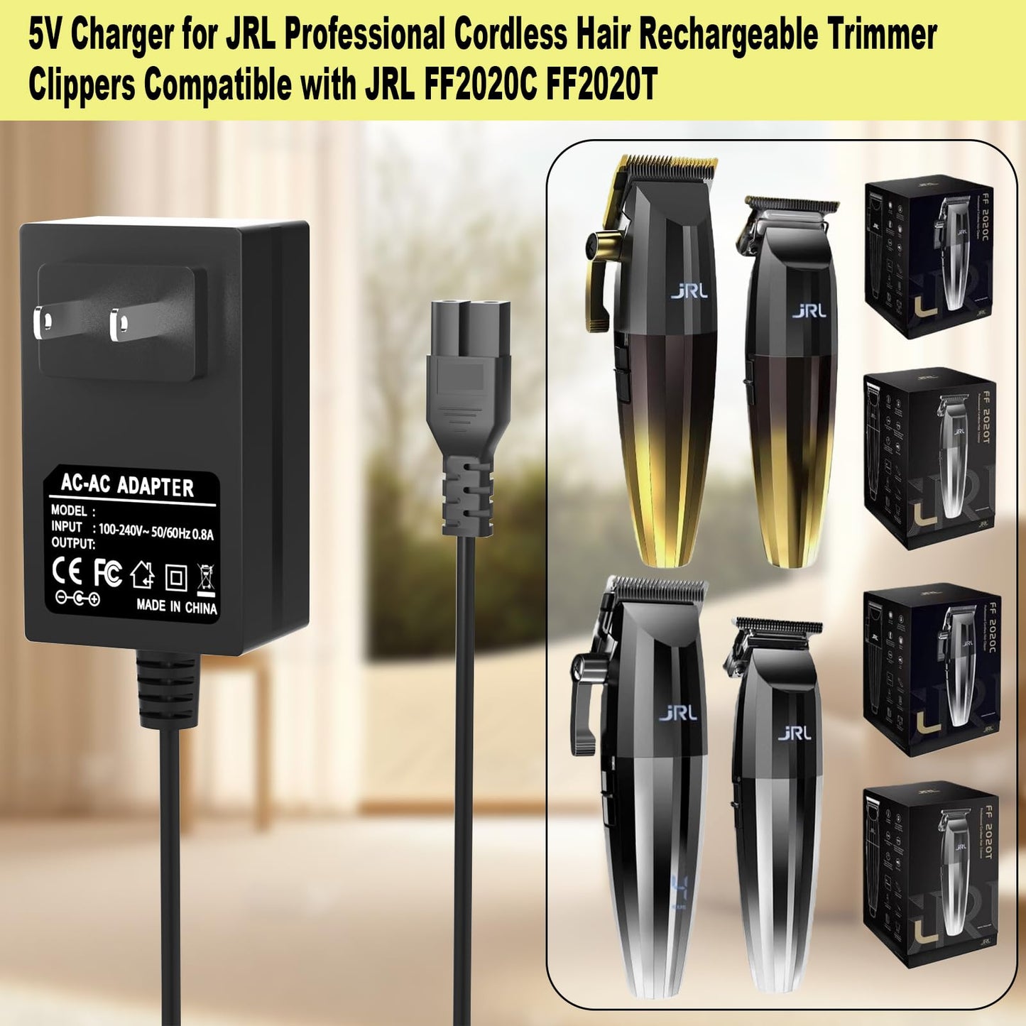 5V Charger for JRL Professional Cordless Hair Rechargeable Trimmer Clippers Compatible with JRL FF2020C FF2020T Power Adapter Cord