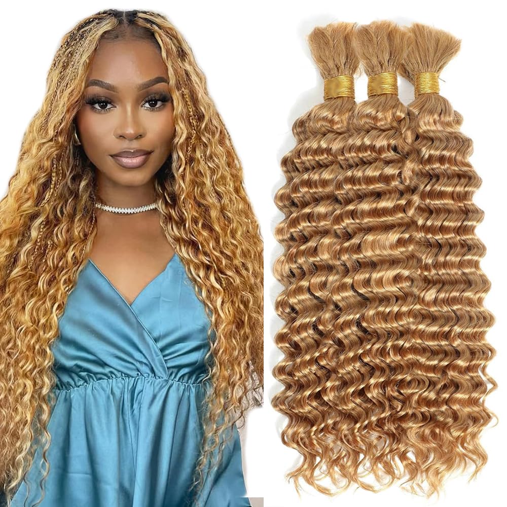 #27 Blonde Braiding Human Hair for Boho Braids Hair, 20 20 20 Inch 150g 3Pcs,Honey Blonde Water Wave Bulk Human Hair for Braiding Curly Knotless Hair Extensions,Color 27 Remy Braiding Hair