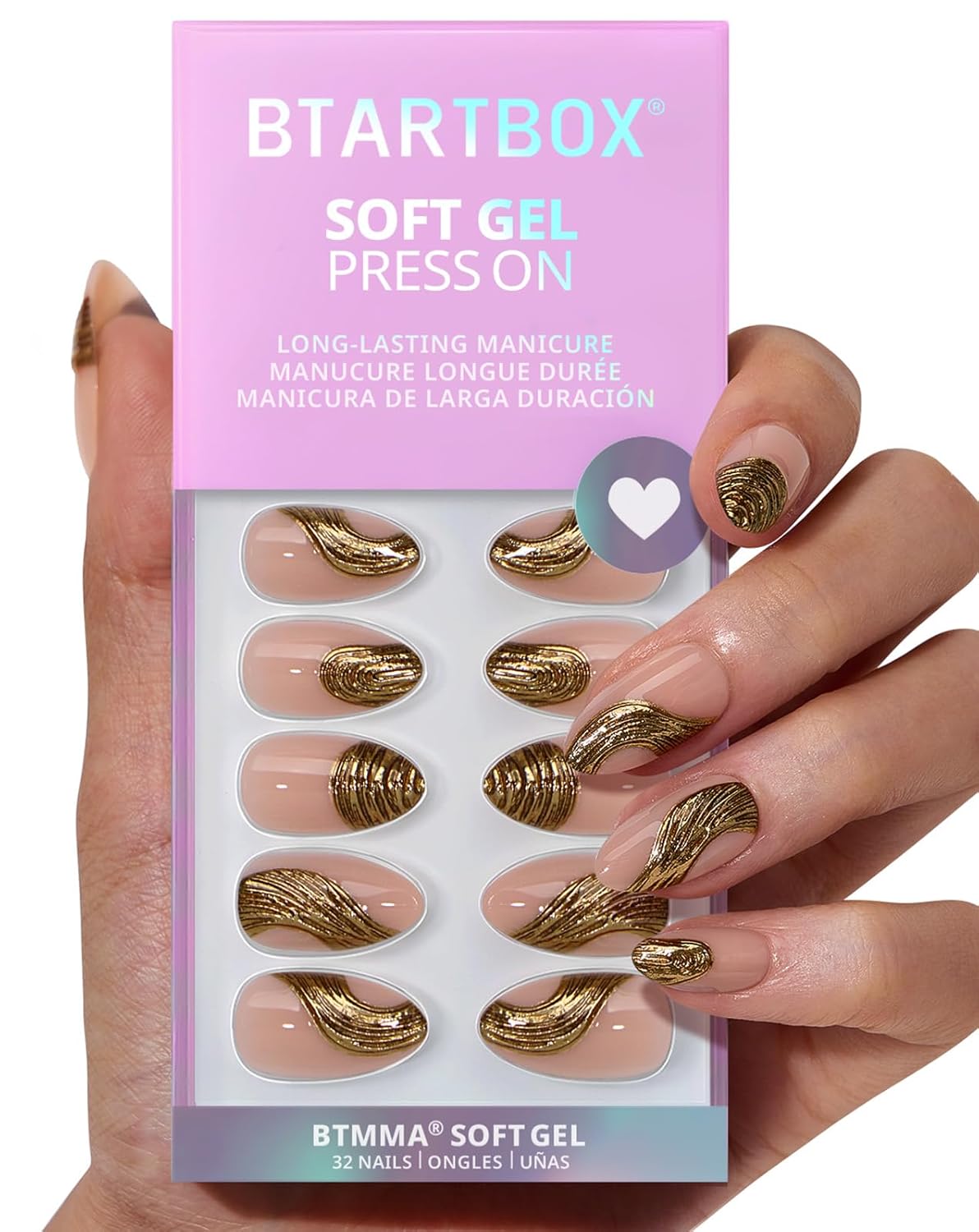 Press On Nails Almond - Gilded Cheer Short Glitter French Tips | 16 Sizes, Lamp-Curable Soft Gel Kit