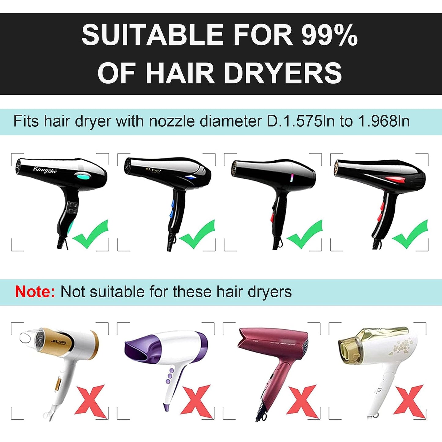 Collapsible Hair Dryer Diffuser - Travel-Friendly Attachment for Most Hair Dryers | Fits Nozzle Diameter 1.575-1.968 Inches - Black