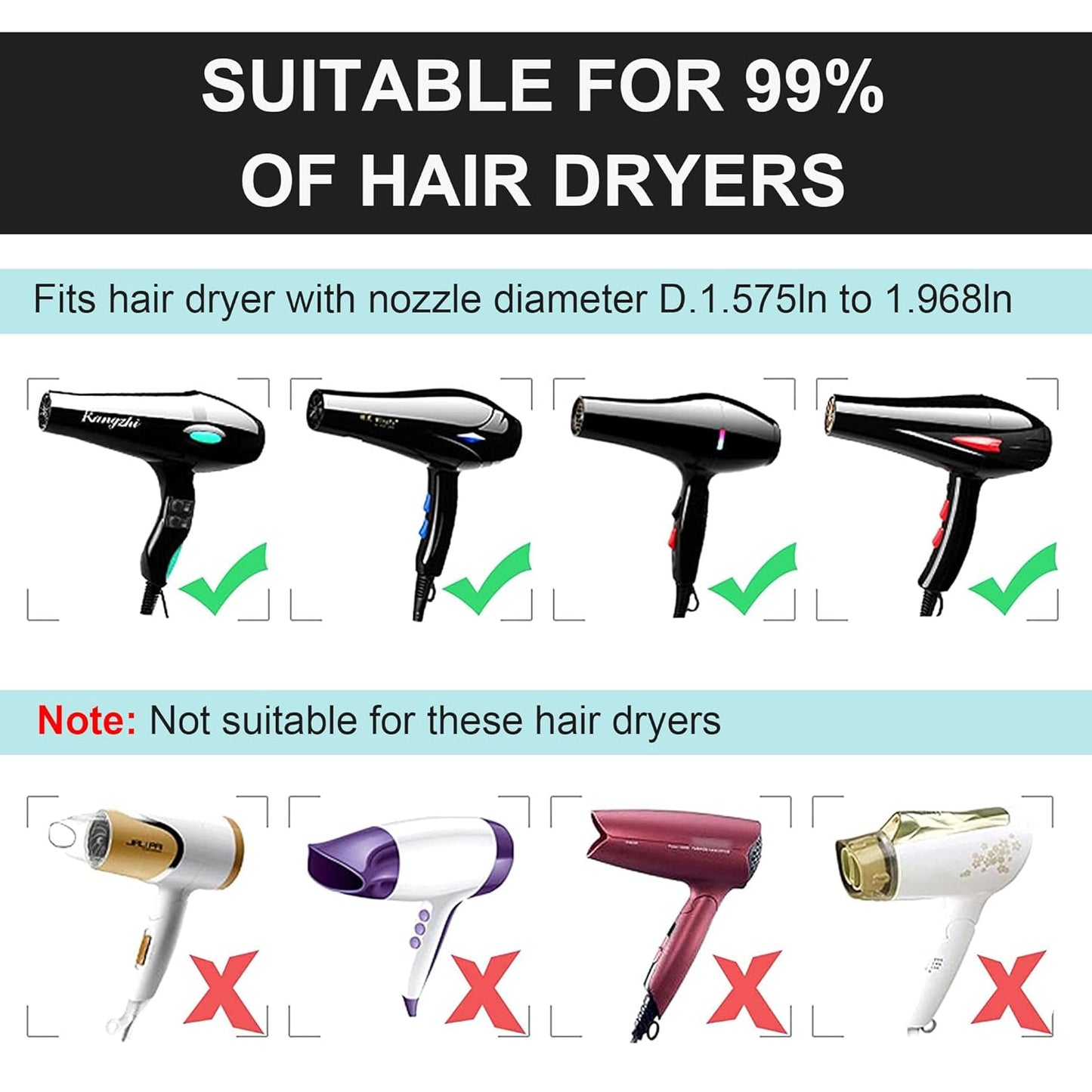Collapsible Hair Dryer Diffuser - Travel-Friendly Attachment for Most Hair Dryers | Black, Fits Nozzle 1.575-1.968 Inches