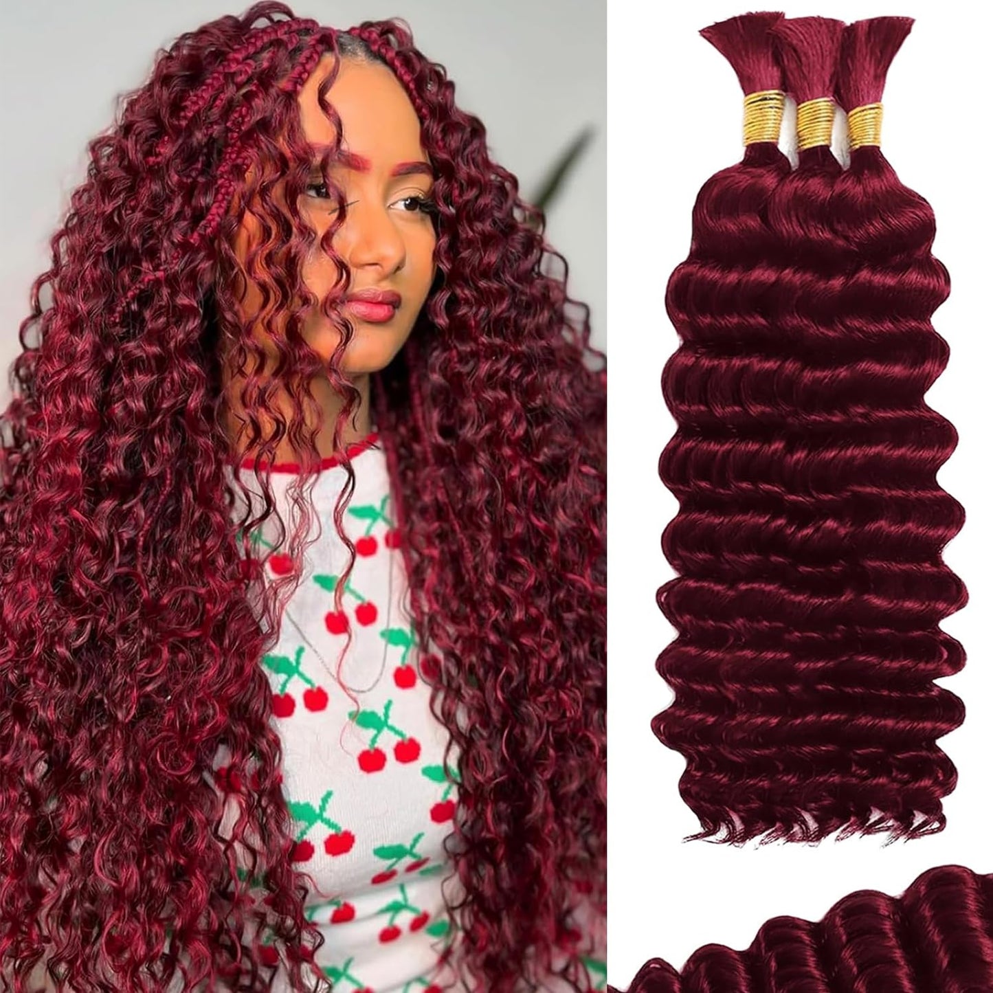 BIZVUS Human Braiding Hair for Boho Braids 110g Deep Wave Boho Bulk Human Hair for Braiding Knotless 12A Wet and Wavy Bulk Bohemian Curly 3 Bundles/Pack #99J Burgundy Color 16 inch