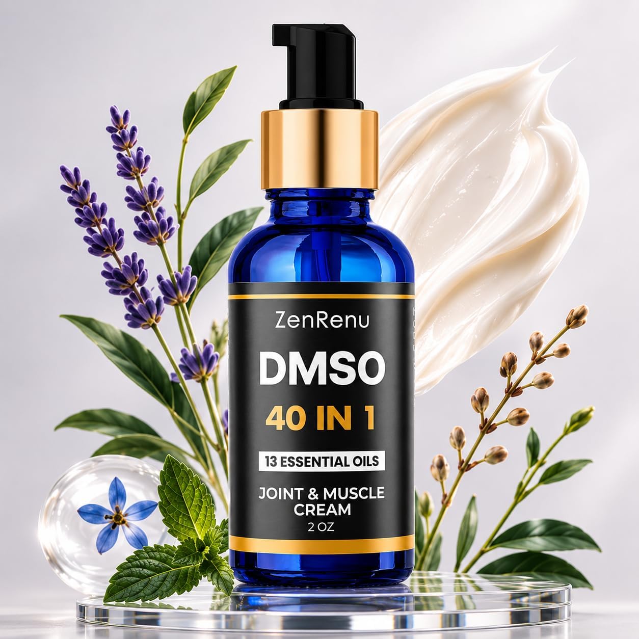DMSO Cream 99.995% Pure - Advanced 40-in-1 Formula with 13 Essential Oils & Aloe Vera | 2 oz Glass Pump Bottle