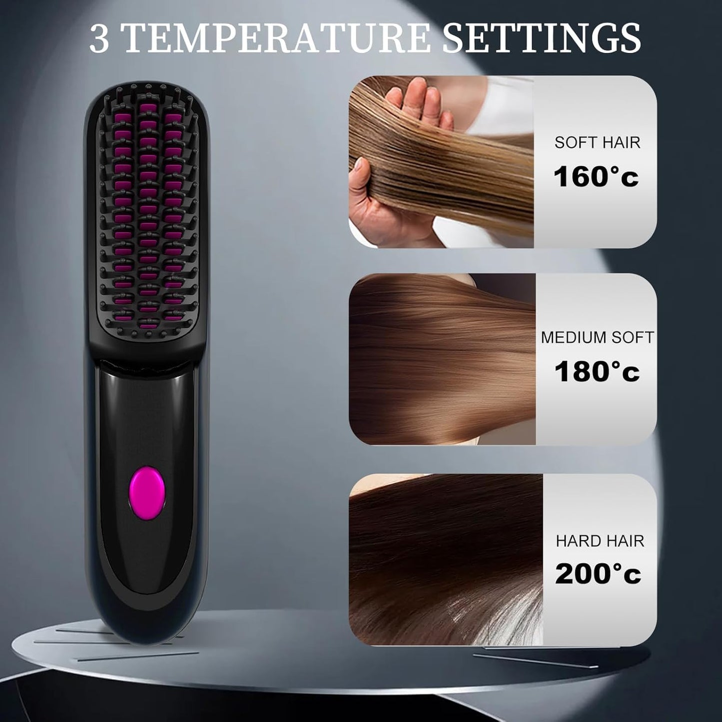 Portable Straightener Brushs for Travel, with LCD Temperature Display, Fast Heating Cordless Mini Hair Brushs (Black)