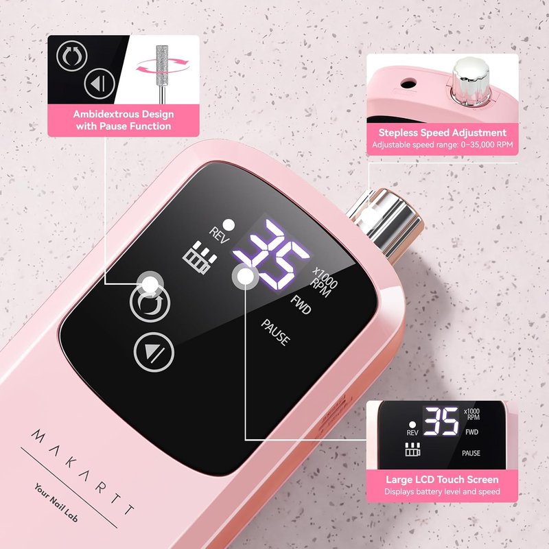Rechargeable Electric Nail Drill - 35000 RPM Cordless Efile with LED Display & Storage Stand | Pink Manicure Kit for Beginners