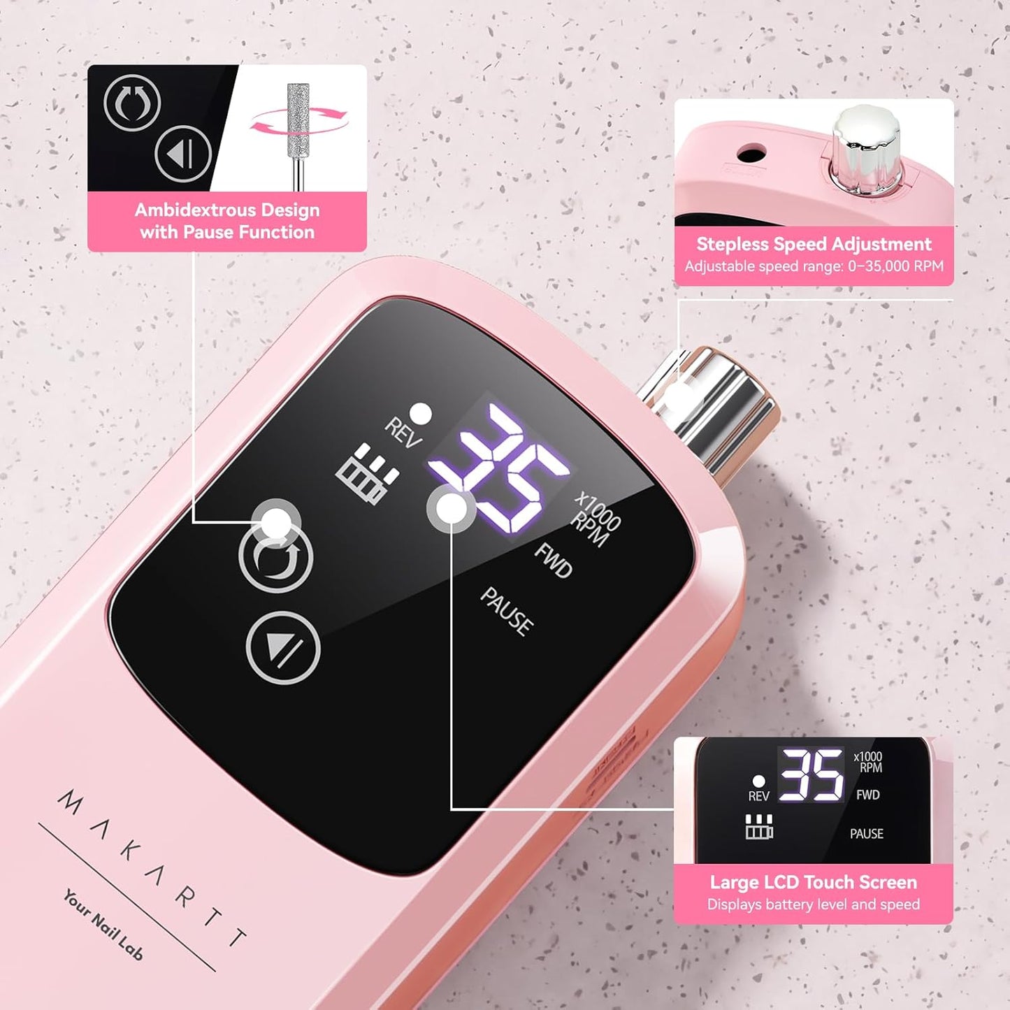 Rechargeable Electric Nail Drill - 35000 RPM Efile for Acrylic Gel Polishing | Cordless with LED Display & Storage Stand (Pink)