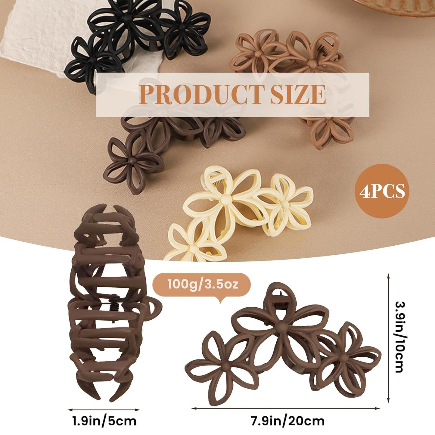 Large Matte Claw Hair Clips for Women - 4Pcs Hawaiian Plumeria Flower Design | Non-Slip Strong Hold Beach Accessories