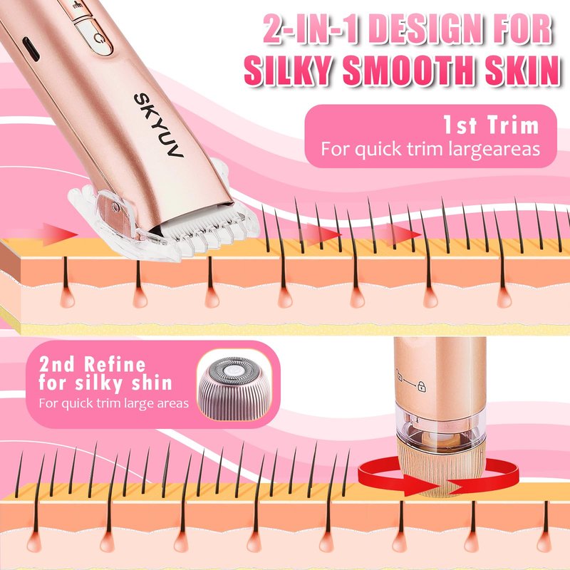 Bikini Trimmer for Women, SKYUV 2 in 1 Electric Razors Bikini Shaver, IPX7 Waterproof & Easy Cleaning, Ceramic Blade, USB Recharge, Cordless Body Hair Trimmer, Facial & Pubic Hair Removal
