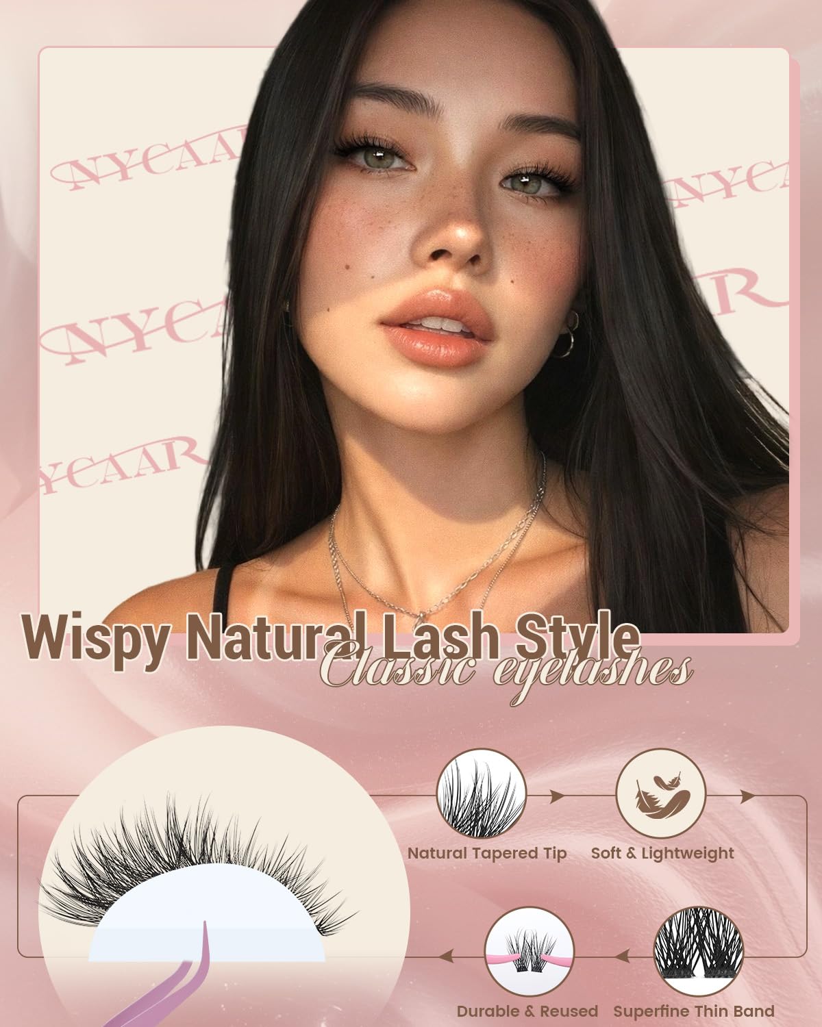 Natural Eyelash Clusters - 144pcs Wispy Lash Extensions | C Curl, Invisible Band, 8-16mm for Beginners