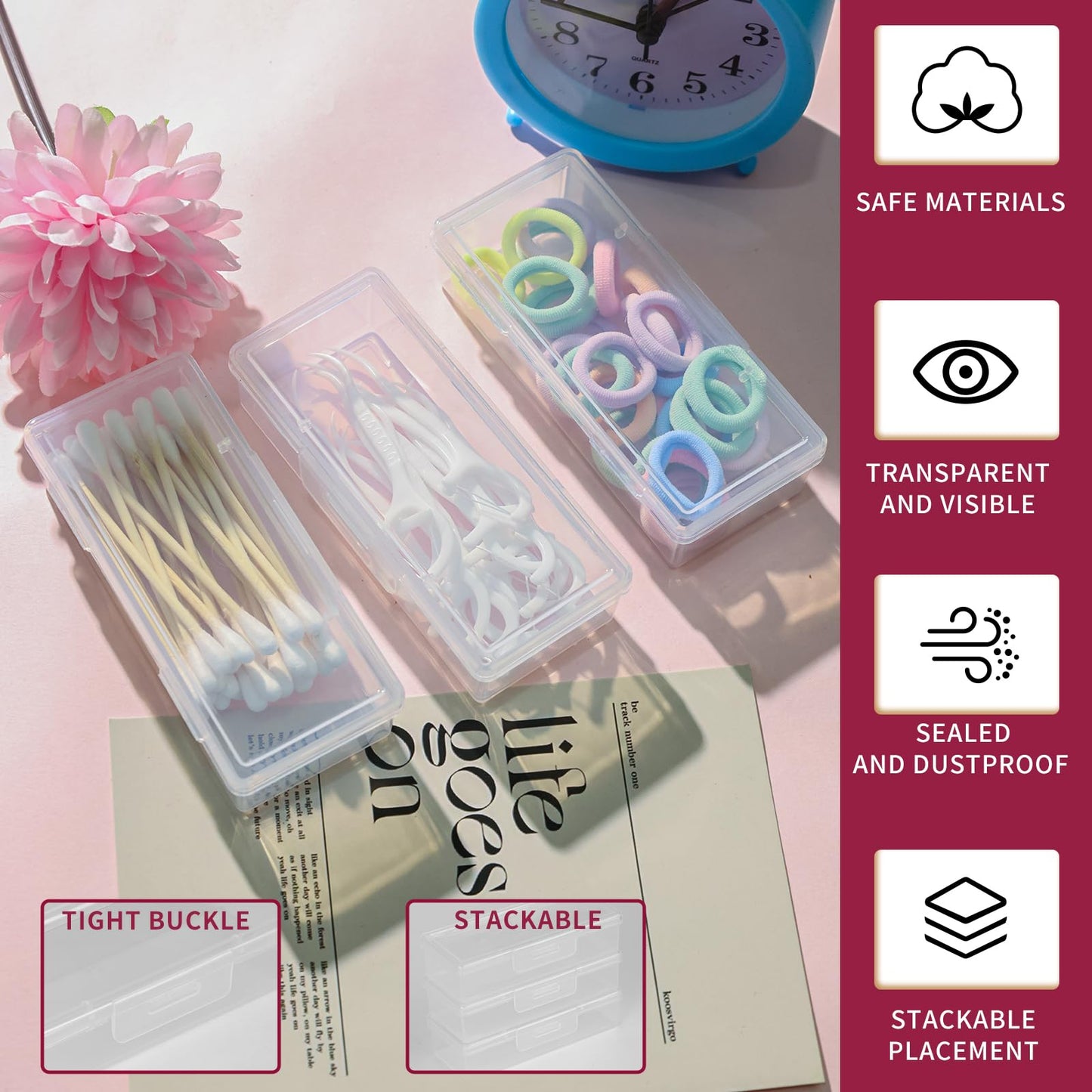 LIGHUFEIC 3Pcs Cotton Swab Holder for Travel,Portable Dental Floss Case Clear Plastic Cotton Pad Holder,Travel Floss Picks Case Storage Containers with Dustproof Lid