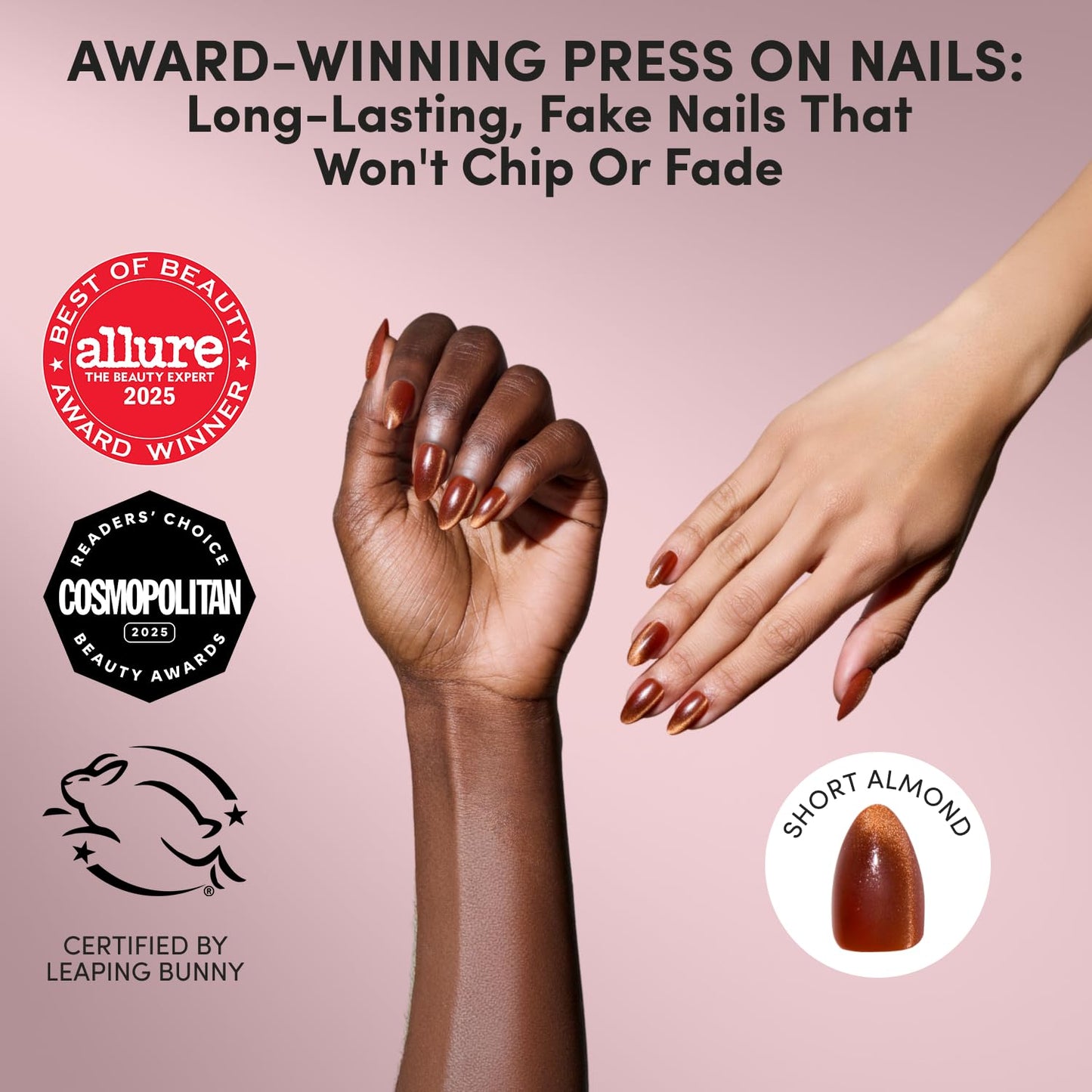 Glamnetic Press On Nails - Brown Short Almond Velvet Finish | 30 Nail Kit with Glue | Salon Quality Summer Nails