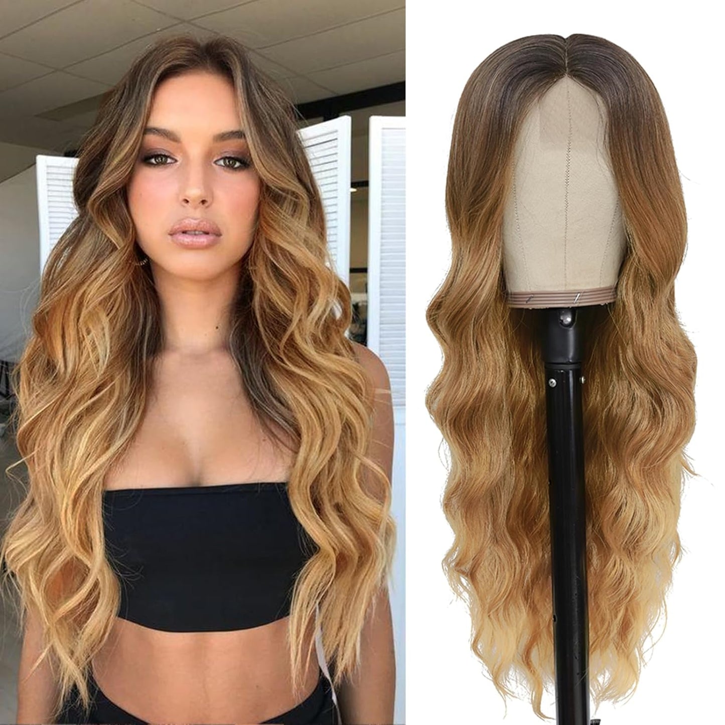 NAYOO Brown Wigs for Women - Long Curly Wavy Hair | Heat Resistant Synthetic Fiber, 24 Inches