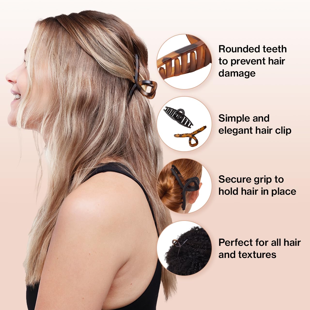 Large Hair Clips for Women - Fashionable Matte Plastic Loop Hair Claw Clips | Easy-Grip Design | Tortoise & Black, 2 Pcs