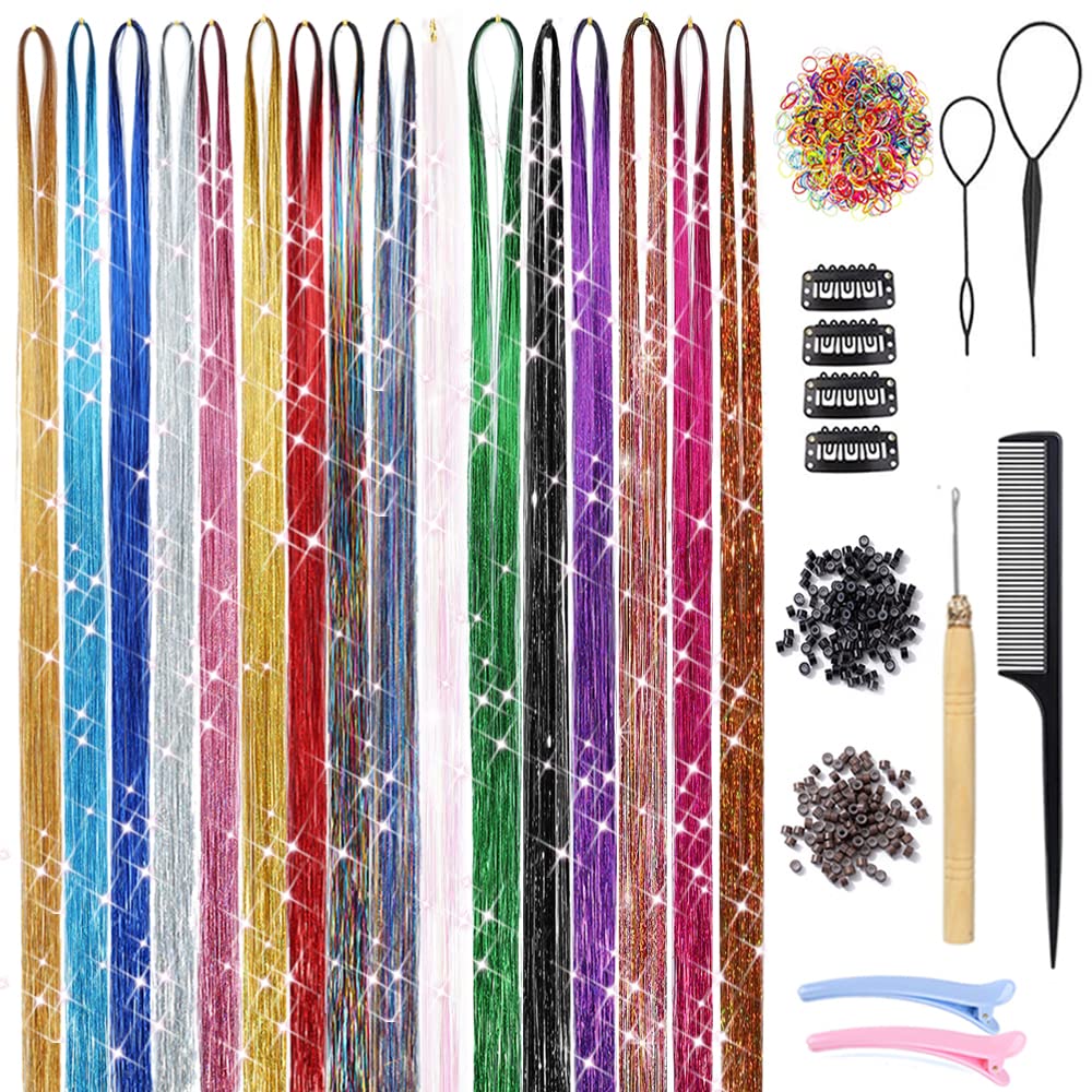 Hair Tinsel 16 Colors 3200 Strands Glitter Tinsel Hair Extensions Kit with Tools Heat Resistant Sparkling Shiny Fairy Hair Accessories for Girl Kid Women 50 Inch