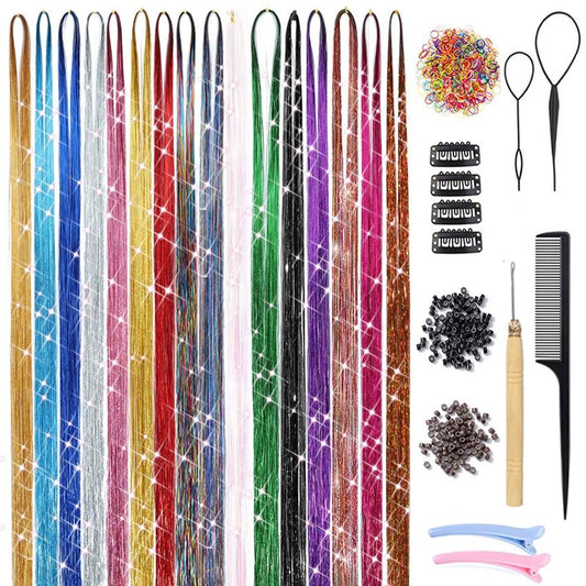 Hair Tinsel 16 Colors 3200 Strands Glitter Tinsel Hair Extensions Kit with Tools Heat Resistant Sparkling Shiny Fairy Hair Accessories for Girl Kid Women 50 Inch
