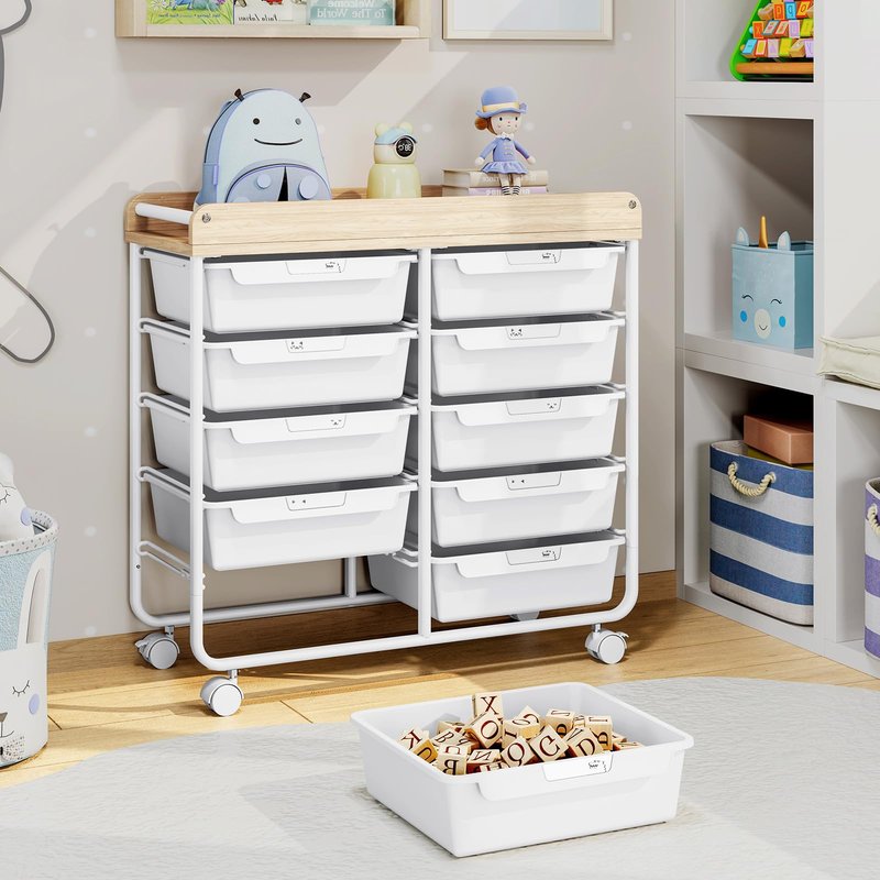 10 Drawers Rolling Cart with Wooden Tabletop, Utility Storage Cart with Wheels, Art Supply Craft Organizer on Wheel with Metal Frame & Handles for Home Office School (Pure White)