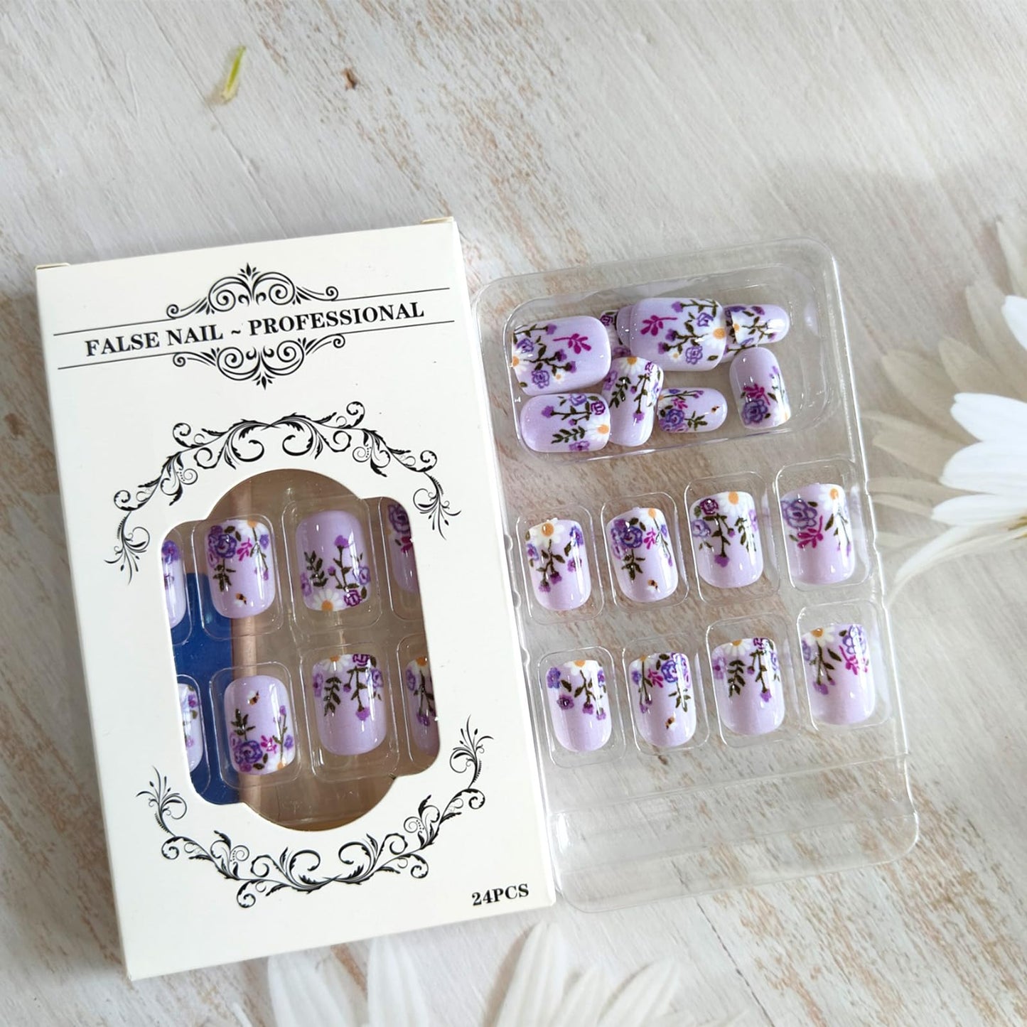 Purple Press on Nails Short Square Fake Nails Flower Bee Design Full Cover Glue on Nails Press ons Purple Flowers Acrylic False Nails Cute Artificial Stick on Nails for Women Girls 24 Pcs