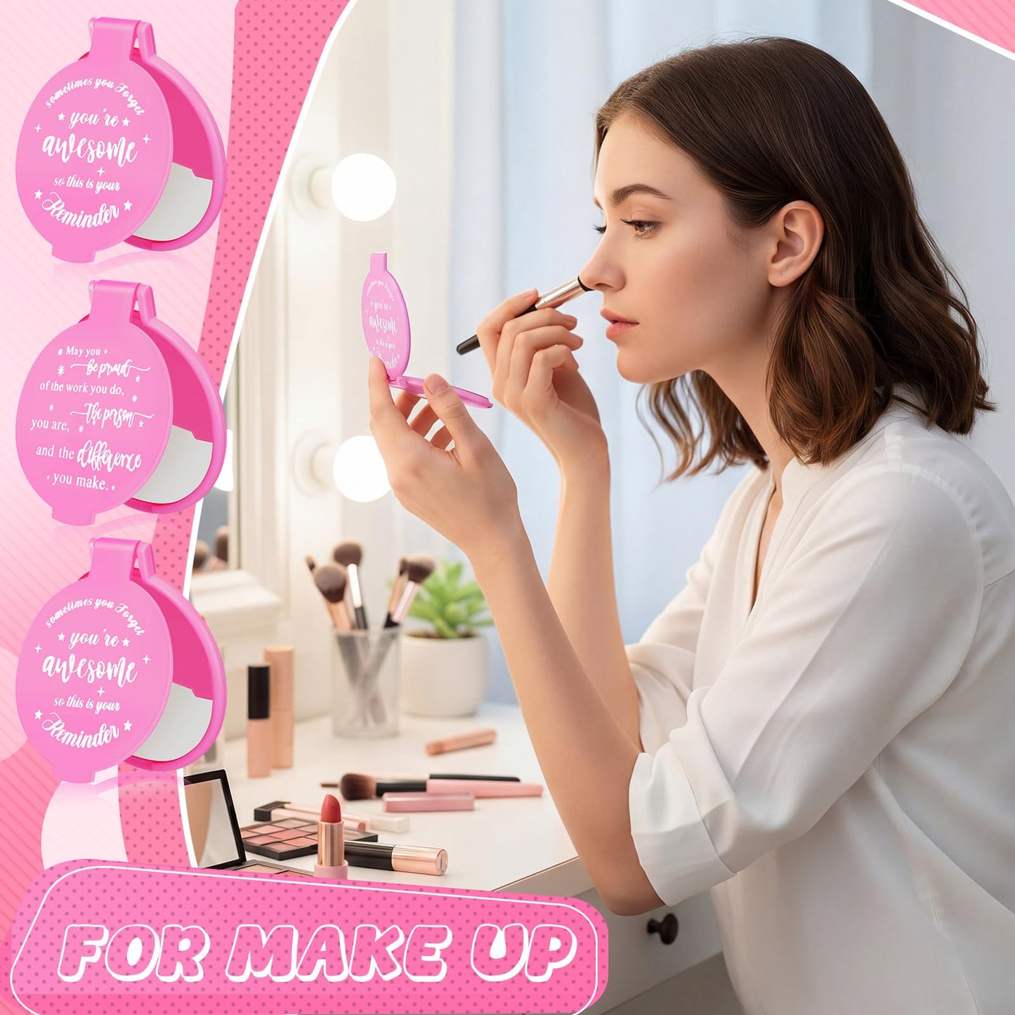 Wenqik 100 Pcs Inspirational Mini Compact Mirrors Bulk, Women Small Gifts Bulk, Group Team Party Favors, Mini Pocket Purse Mirror for Travel, Client, Guest, Wedding, Birthday, Cheerleader (Pink)