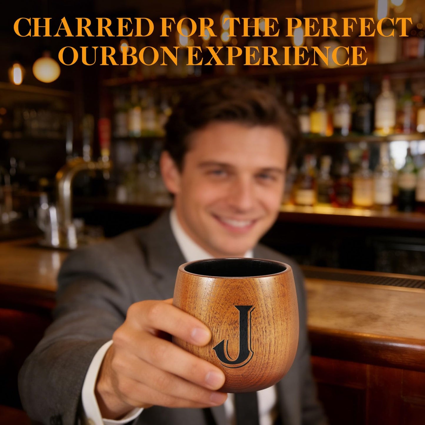 Fathers Day Birthday Gifts for Husband Dad Grandpa, Personalized Gifts for Men, Initial Charred Wooden Bourbon Drinking Glass & Whiskey Glasses Gift, Birthday Gift for Men Dad Husband Brother Him (J)