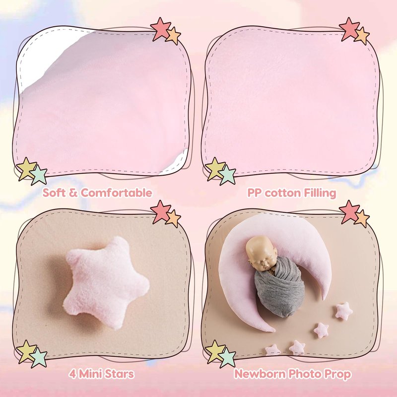 NSXAYIWE Newborn Photography Props, Crescent Moon Pillow for Newborns, Soft Newborn Photography Posing Pillowswith Moon and Star Celestial Decor for Infant Photography (Pink)
