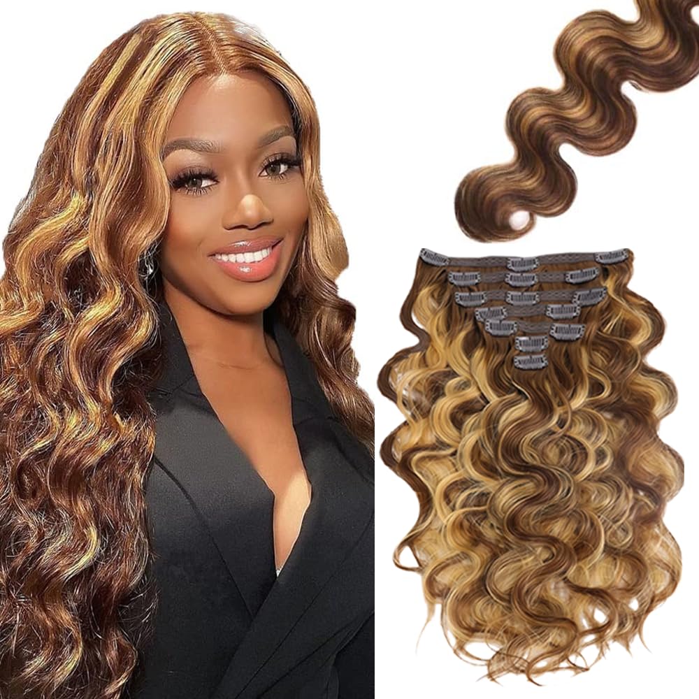 P427 Blonde Clip in Hair Extensions Real Human Hair, 32 Inch 120g/7Pcs,Full Shine Remy Human Hair,Highlight Brown Body Wave Clip ins Brazilian Virgin Human Hair Extensions