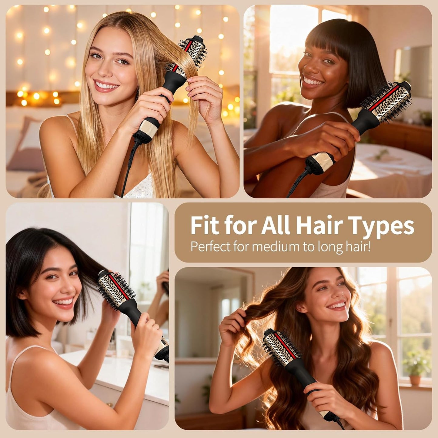 HIPPIH Infrared Blow Dryer Brush - 4-in-1 Anti-Frizz Styling Tool for Smooth Volume | Oval Barrel Design
