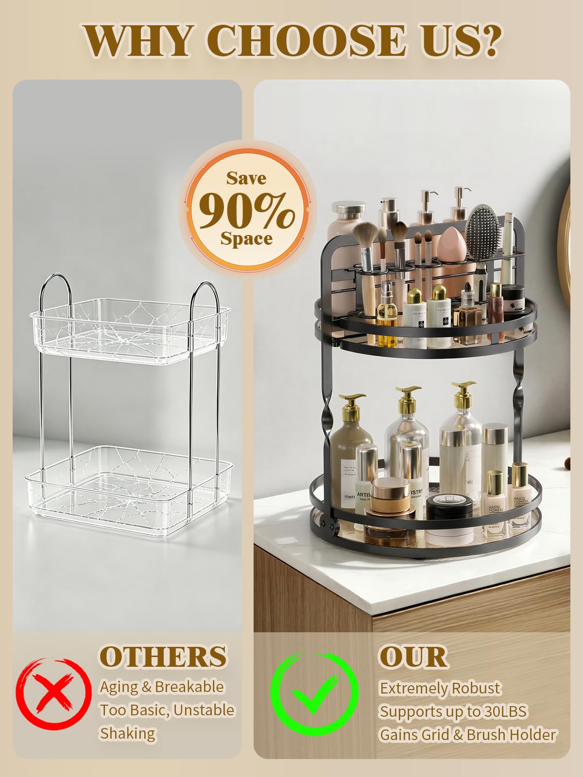DUANFEE Rotating Makeup Vanity Organizer, 360 Spinning Perfume Organizer for Dresser, 2-Tier Black Bathroom Countertop Organizer, Lazy Susan Skincare Storage, Cosmetic Display with Makeup Brush Holder