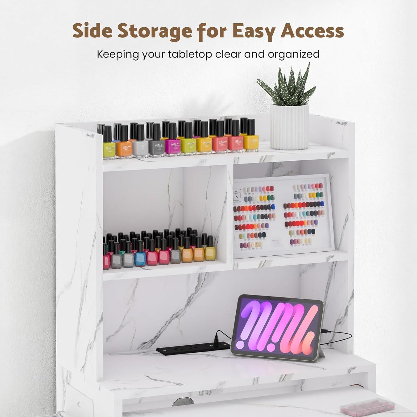 Foldable Manicure Table - Extendable Nail Station with Charging Station & Storage | Modern White Design for Home & Office