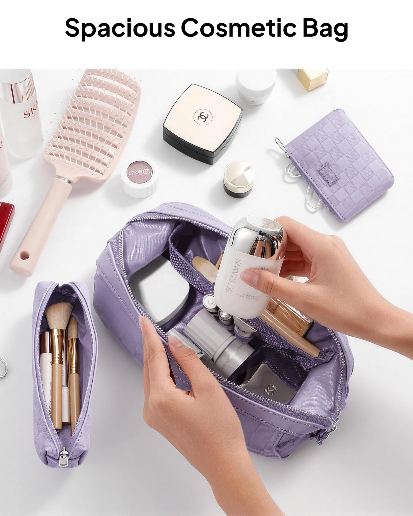 TOPEAST Travel Makeup Bag Cosmetic Bags for Women, 3 Pcs Set Make Up Toiletry Bag with Removable Zip Pouch, Waterproof Leather Makeup Brush Organizer for Travel Essentials, Purple