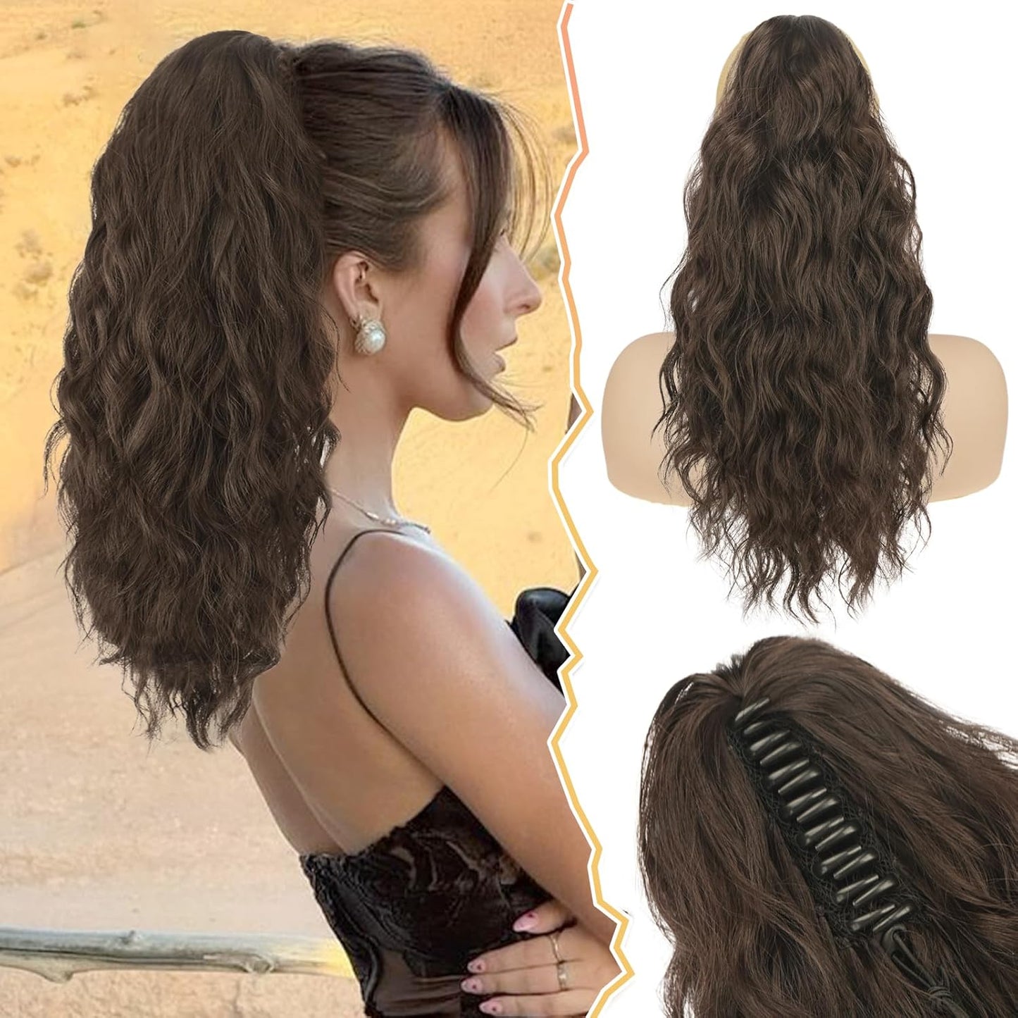 Ponytail Hair Extensions - 12 Inch Claw Clip Dark Brown Curly Wavy Ponytail for Women