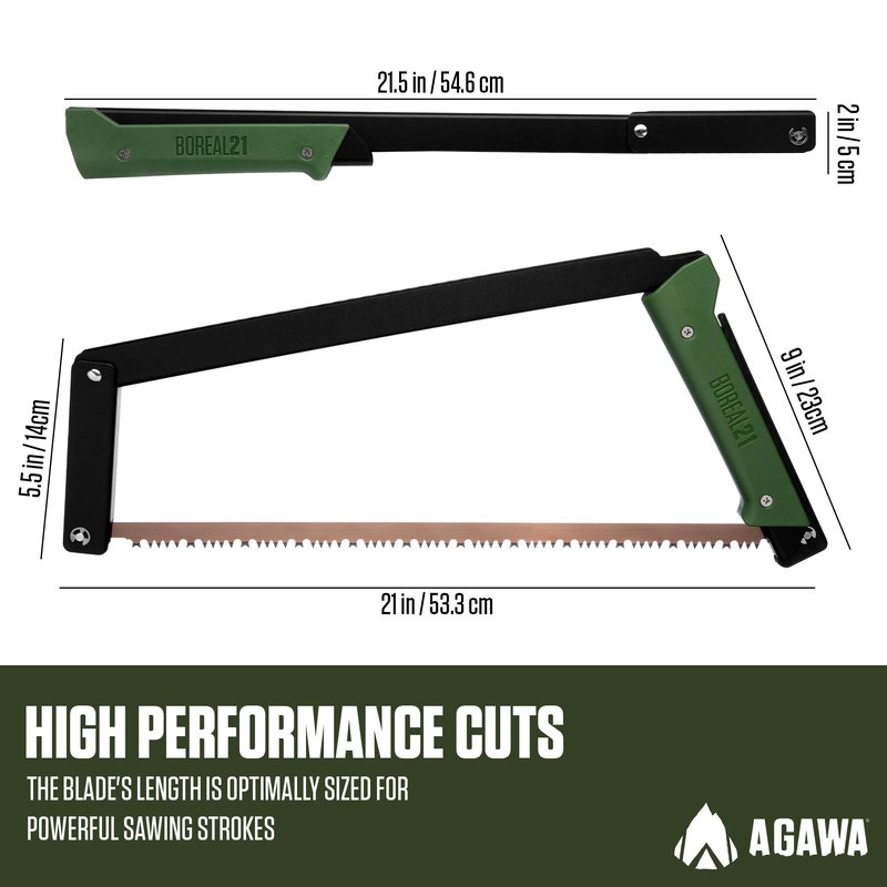 AGAWA - BOREAL21-21 Inch Folding Saw with All-Purpose Saw Blade - Camping Gear For Hiking, Fishing, Hunting, Bushcraft & Survival Kit (Black Frame/Green Handle)