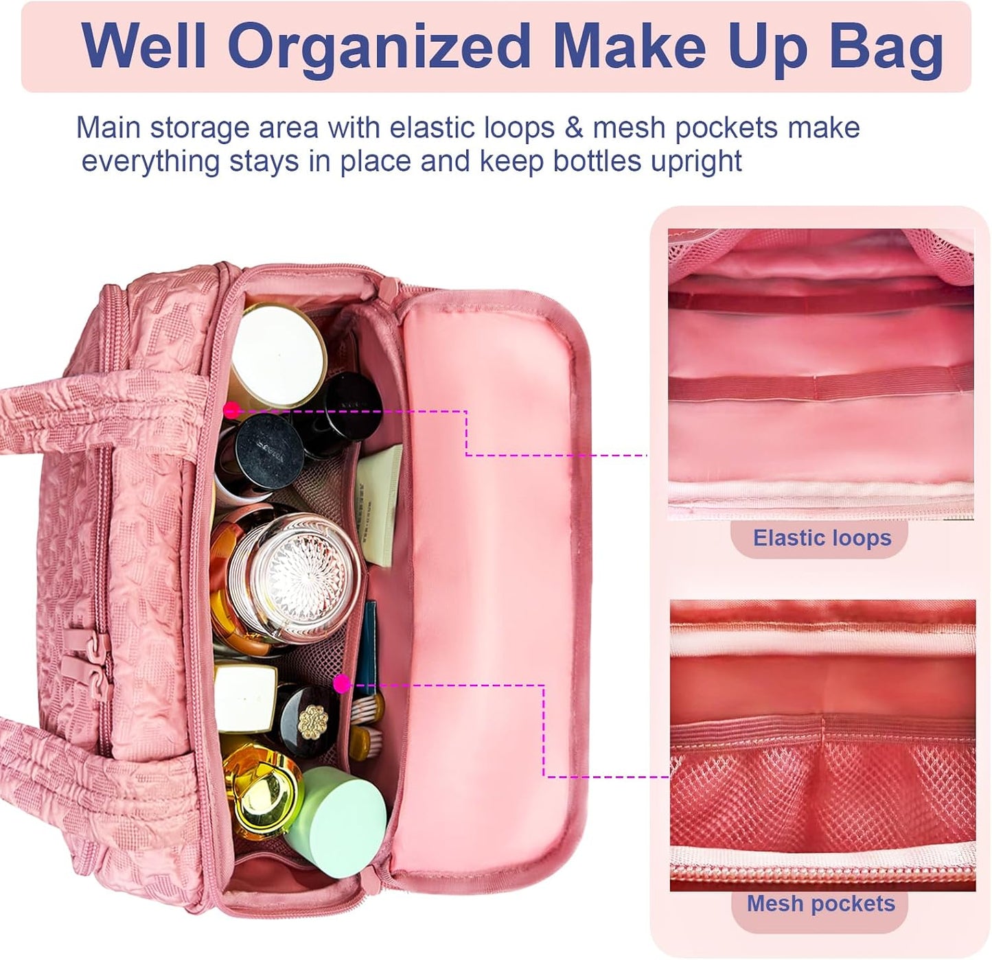 SMONT Toiletry Bag for Traveling Women, 11.5" Large Travel Makeup Toiletries Skincare Bag, Big Cosmetic Cosmetiquera Pink