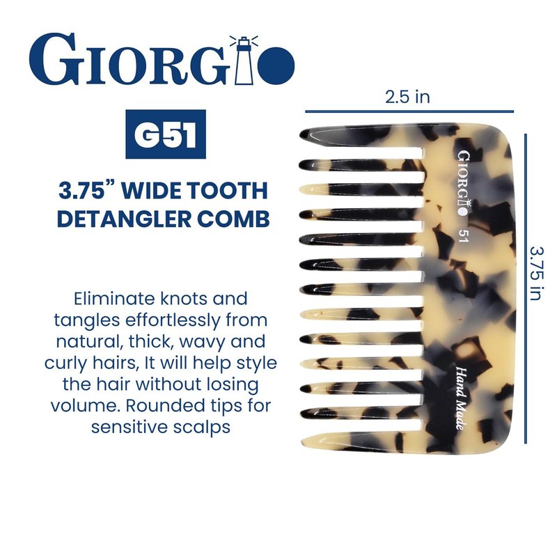 Giorgio G51 TW Small Travel Purse Comb - Wide Teeth Hair Detangler for Thick Curly Hair | Handmade Cellulose Design