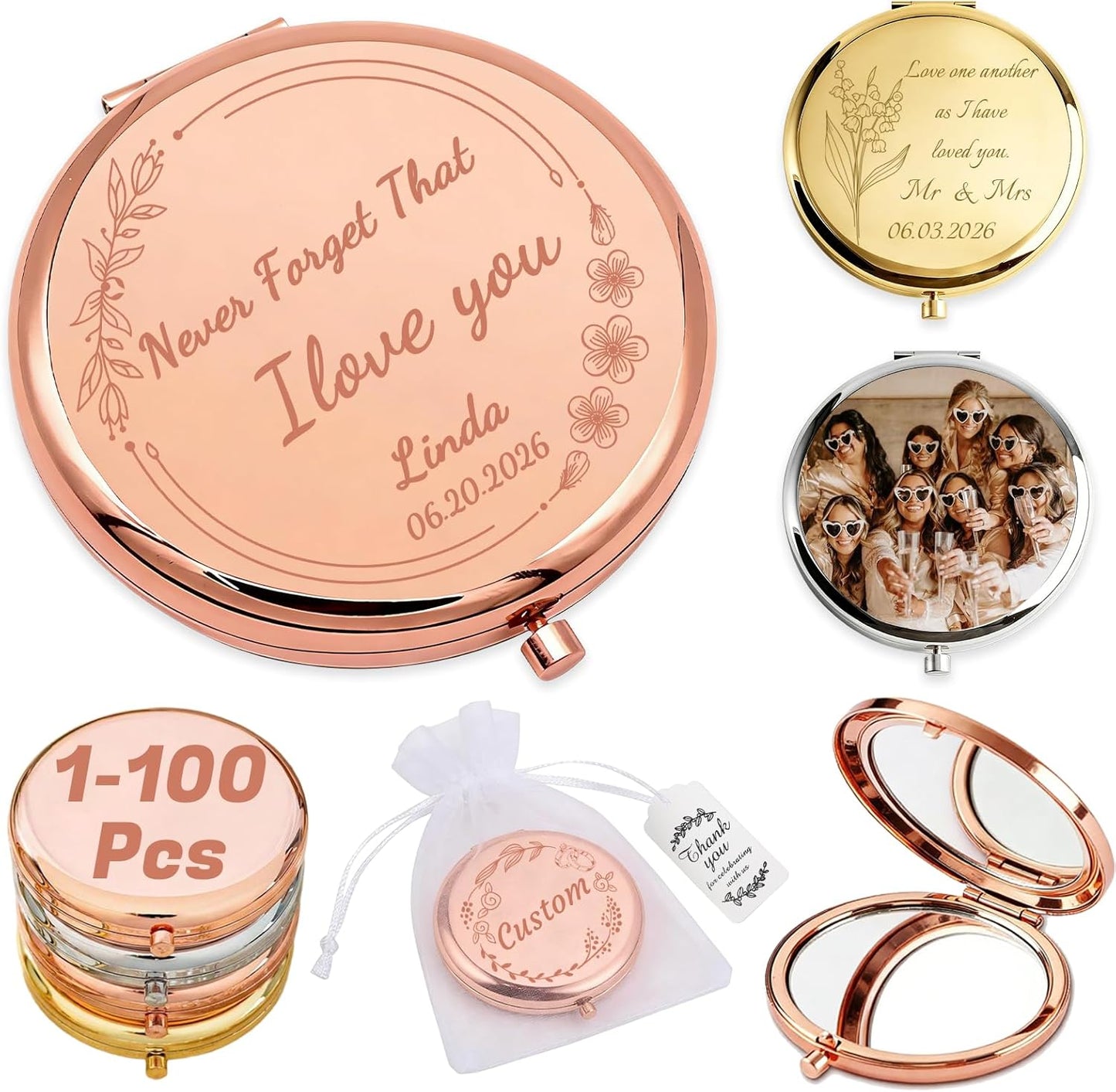 Personalized Compact Mirror - Custom Name & Photo Pocket Mirror for Women | Perfect for Quinceañeras, Galentine's Day, Weddings