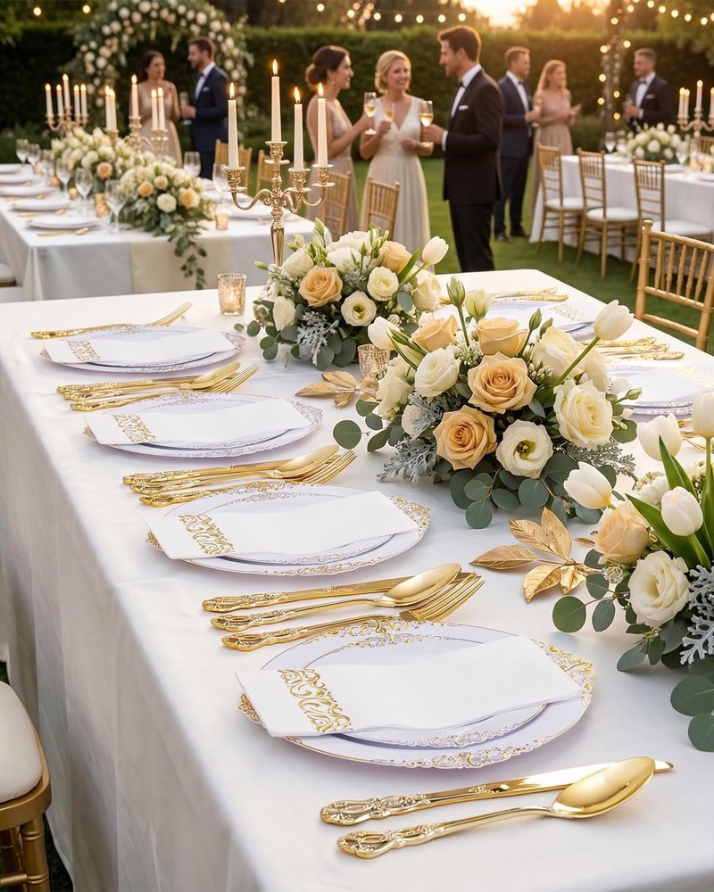 Ciaell 300PCS White and Gold Plastic Plates - Gold Disposable Dinnerware Sets for 50 Guests - 100 Plates, 50 Knives, 50 Forks, 50 Spoons, and 50 Napkins for Wedding, Anniversary, Party