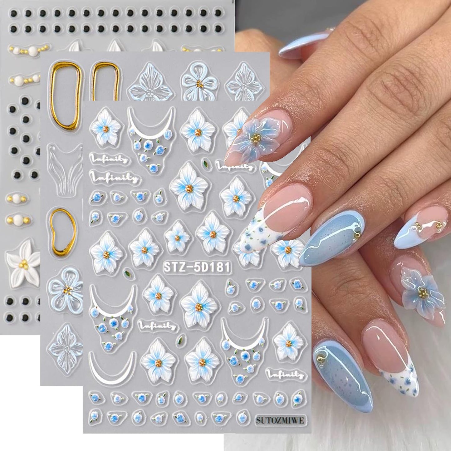 3PCS Spring Blue Flowers Nail Stickers, 5D Embossed Nail Stickers Nail Art Supplies 3D Blue Rose Nail Decals Blue Flower Five-Petal with Frangipani Polka Dot Nail Design French Floral Summer for Women