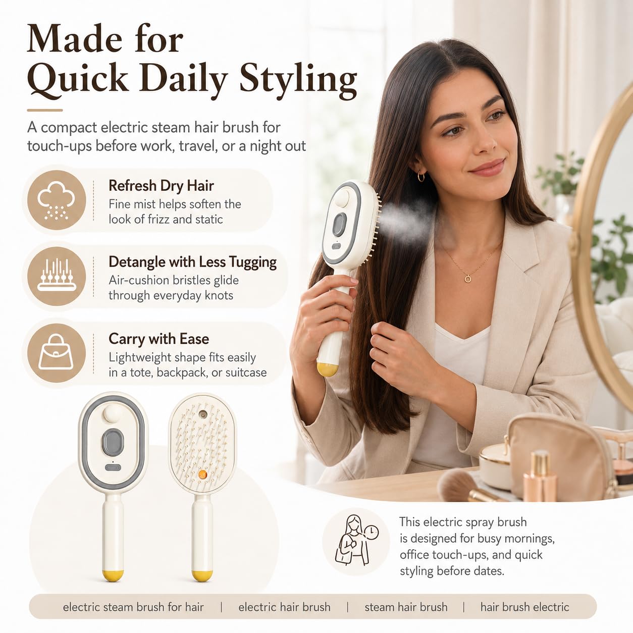 2026 New Electric Spray Air Cushion Massage Comb, Rechargeable Electric Steam Brush for Hair, Frizz-Free Mist Hair Brush Electric for Busy Commuters & Quick Styling Before Dates (Beige)