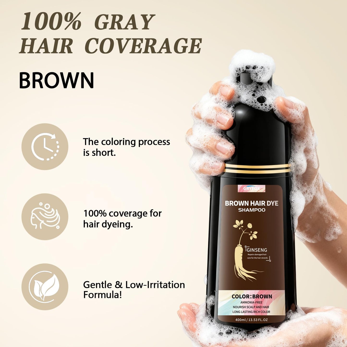 GRYFOX Brown Hair Dye Shampoo for Gray Coverage, 3 in 1 Hair Color Shampoo for Women and Men,Semi-Permanent Color with Natural Herbal Ingredients