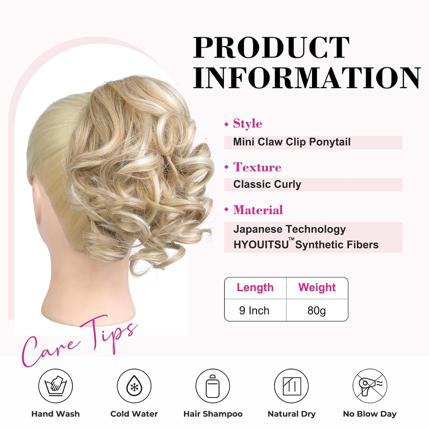 Short Ponytail Extension - Classic Loose Curly Wavy Claw Clip Hairpiece for Women | Natural Blonde with Highlights