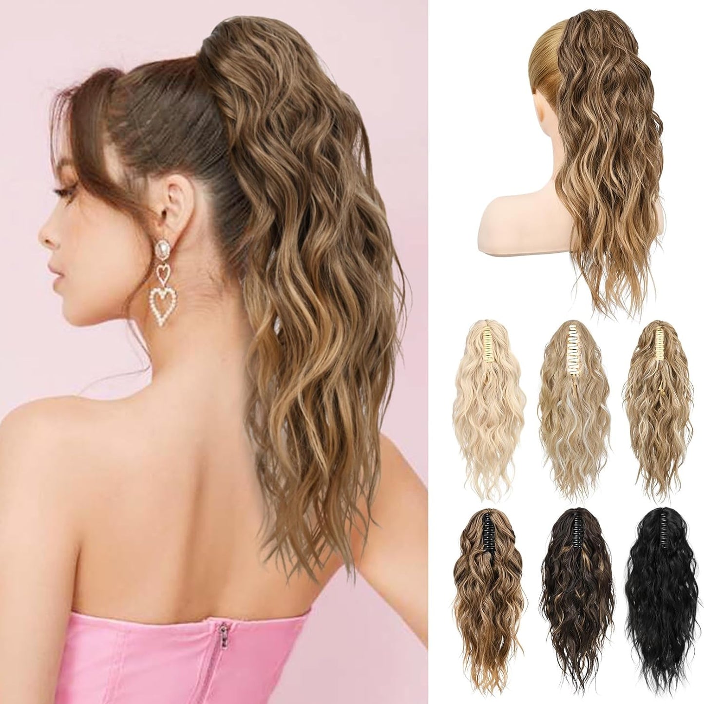 Ponytail Extension - 18" Wavy Claw Clip Hairpiece | Synthetic Curly Ponytail - Black Brown