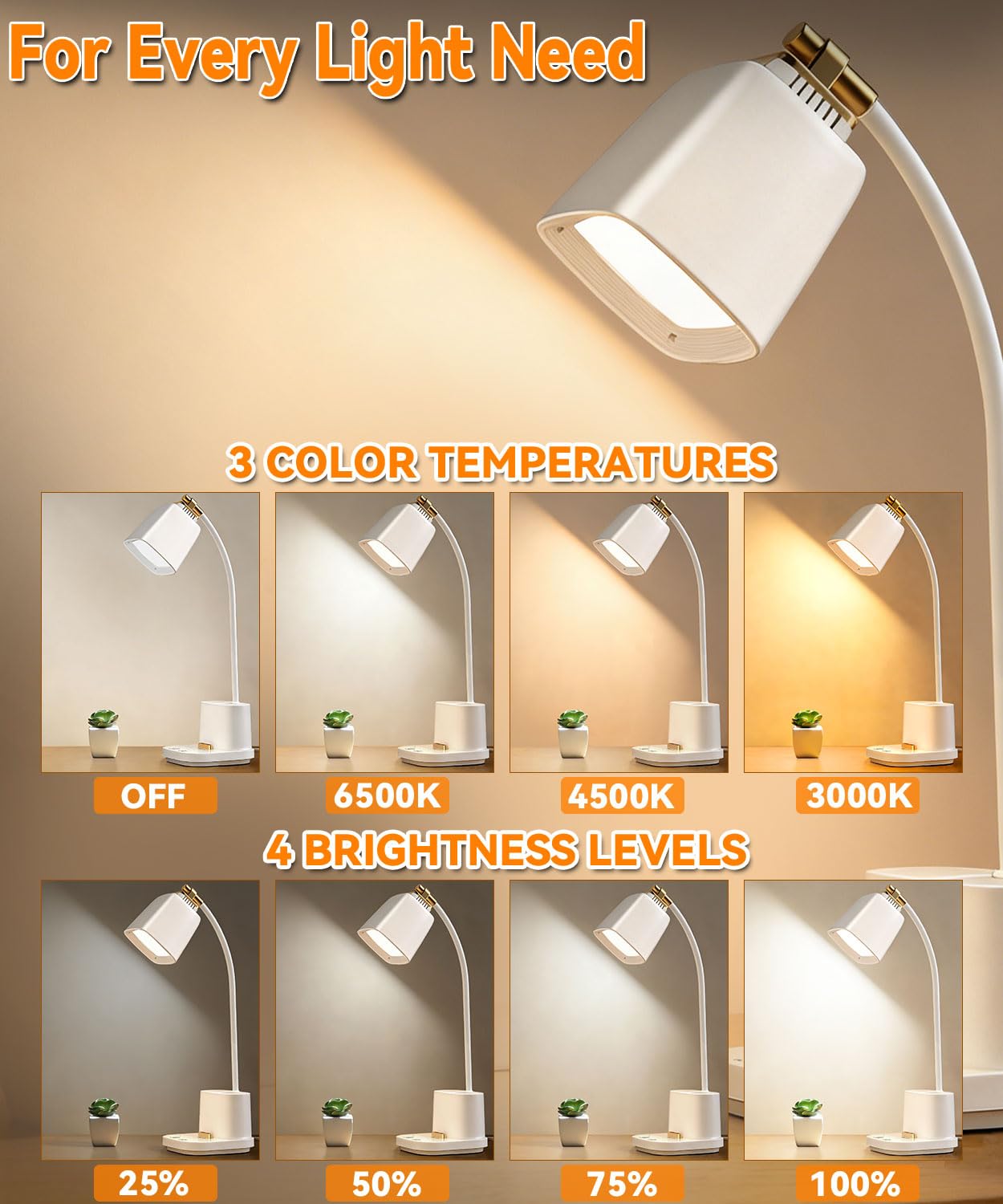 LED Desk Lamps for Home Office with Charger, Organizer, Desk Light Table Lamp for Bedroom, Study, Reading, Work, Nail, Gooseneck Small Desk Lamp for Artist, Puzzle, Drawing, Eye-Caring LED Office Lamp