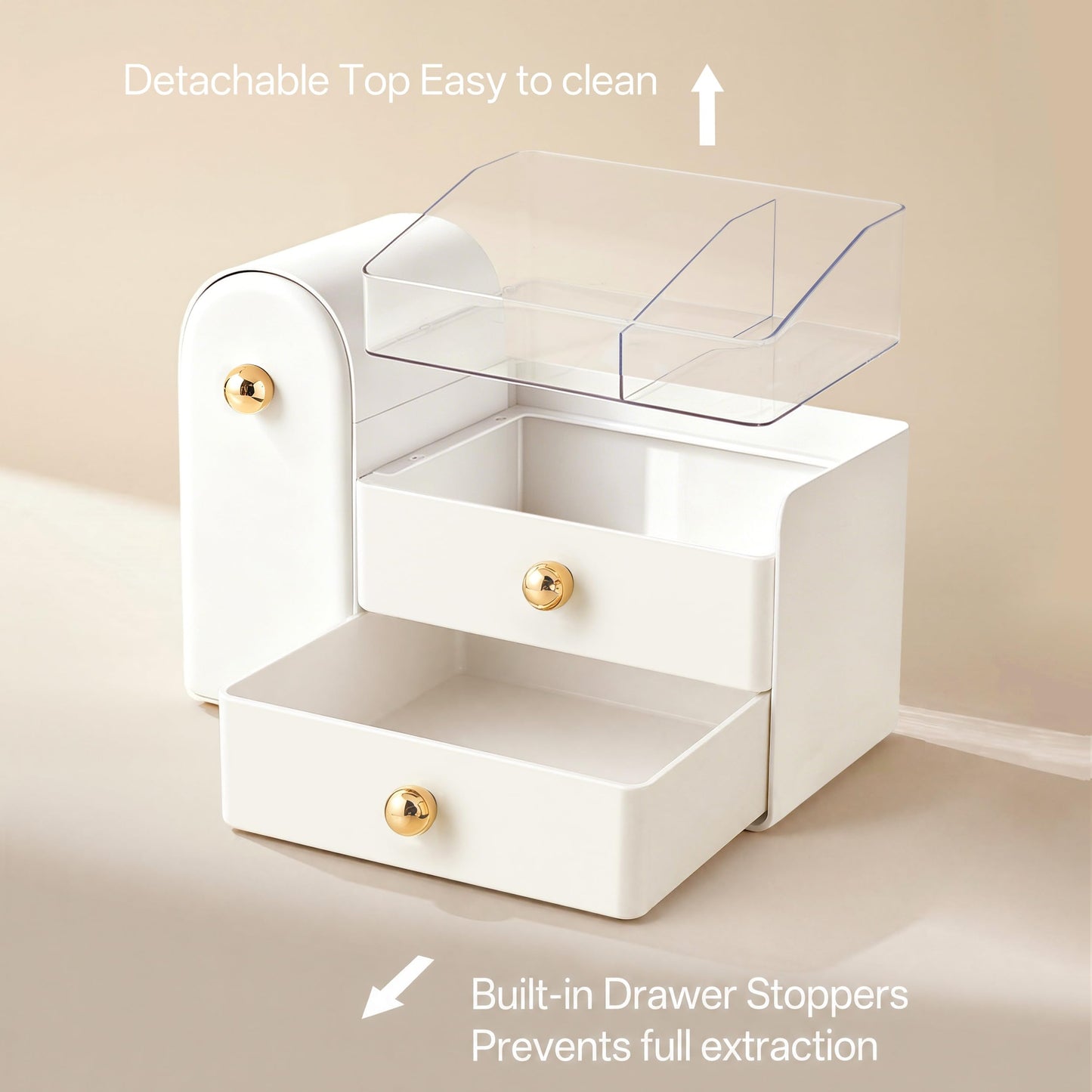 HBlife Makeup Organizer Countertop with Drawers, Vanity Organizers with Brush Holder, Bathroom Counter Organizer for Perfume, Nail Polishes, Lipsticks, Skincare and Eyeshadow Palettes, White and Gold