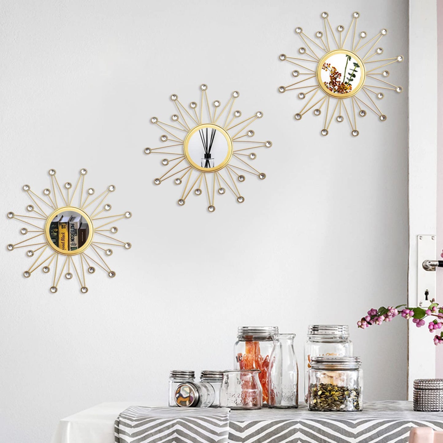Uaussi 3 Pack Crystal Sunburst Wall Mirror Décor Rhinestone Mirrors Decorative Home Wall Art for Living Room Bedroom Entryway (Triangle Burst Gold)