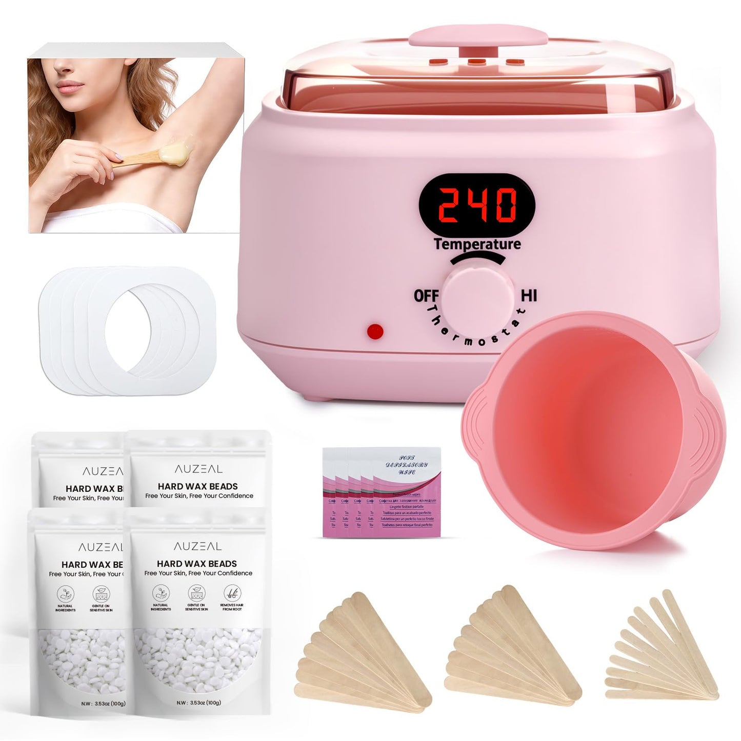 AUZEAL Digital Waxing Warmer For Women, 500ml At Home Waxing Kit With Salon Results, Wax Warmer for Hair Removal for Body, Bikini, Leg, Sensitive Skin, Precise Temp Control, Fast Heating, Pink